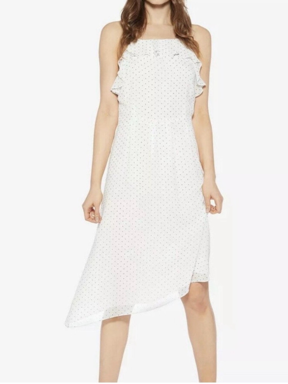 Avec Les Filles White & Black Polka Dot Asymmetrical Midi Dress